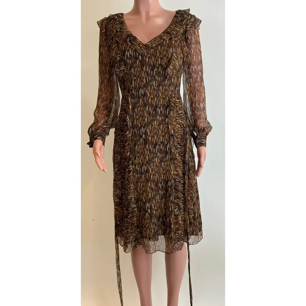 Carolina Herrera Dress Womens 6 Silk Animal Print Ruffle Tie Waist Knee Length - Picture 5 of 15